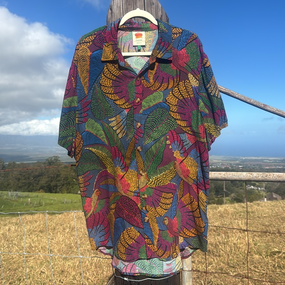 Farm Rio Dotted Macaws Short Sleeve Button Down Shirt Dress Beach large